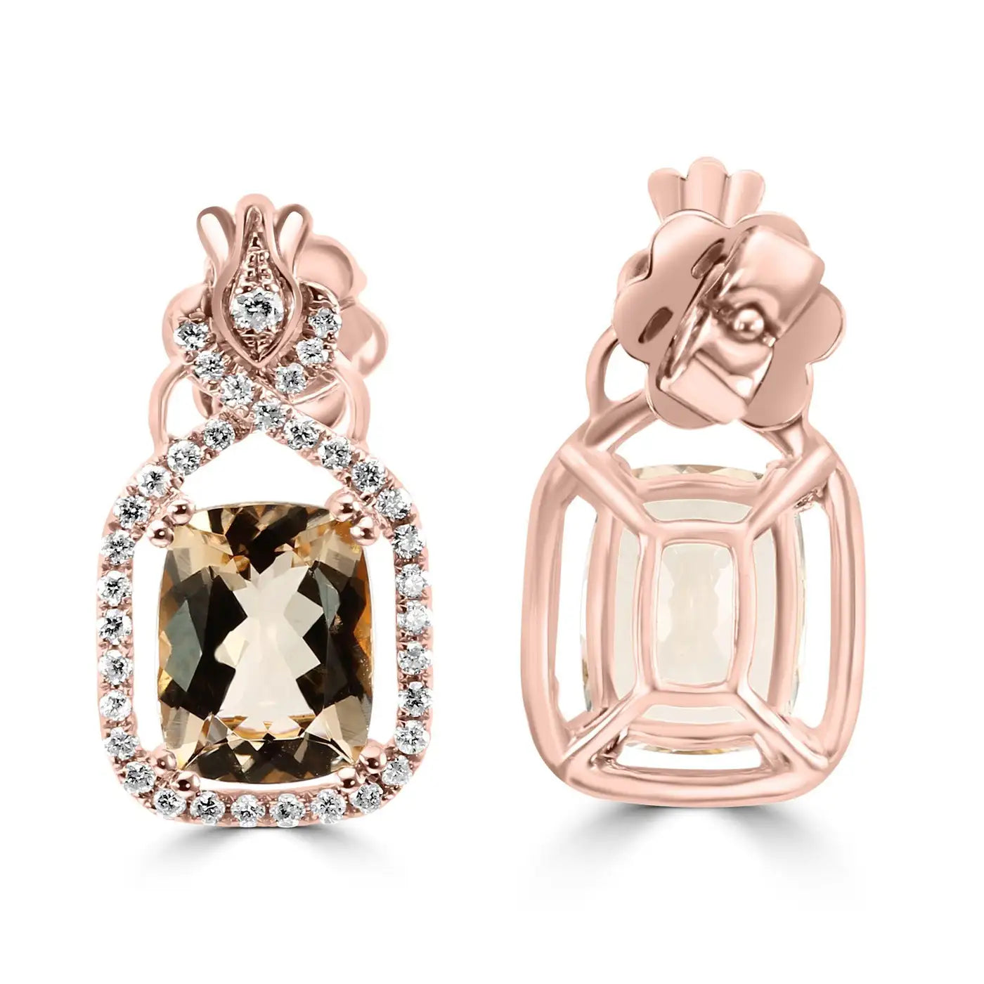 Morganite Cushion White Rounds Diamonds 18K Gold Fancy Drop Earring