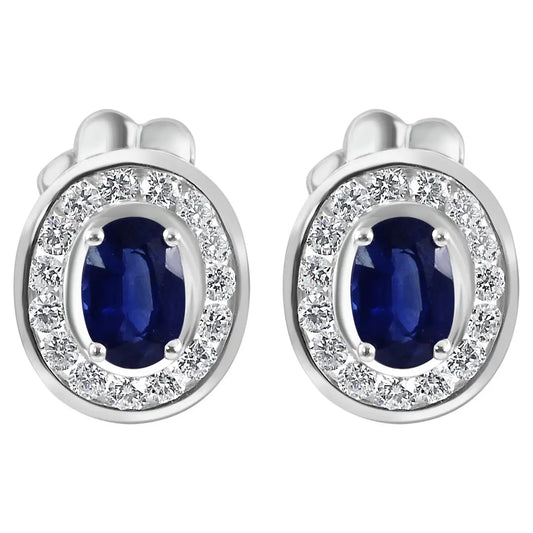 Blue Sapphire Oval White Diamond Round Halo 18K Gold Fashion Stud Earring