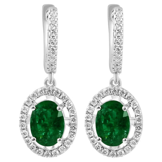 Emerald Oval White Diamond Round Halo Dangle Drop 18K Gold Earring