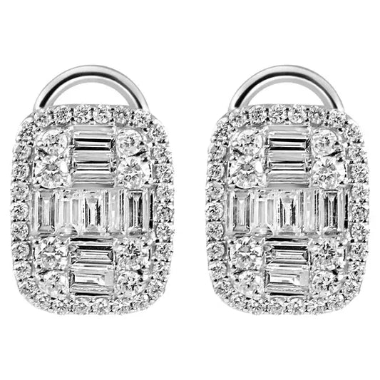 White Diamond Baguette And Round Halo 14K White Gold Lever Back Earring