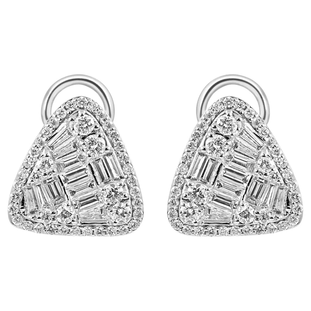 White Diamond Baguette Round Halo 14K Gold Triangle Lever Back Earring