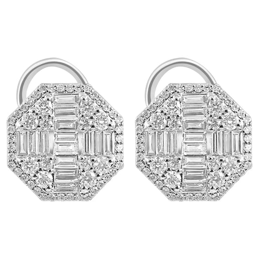 Diamond Baguette Round Halo 18K Gold Cocktail Lever Back Earring