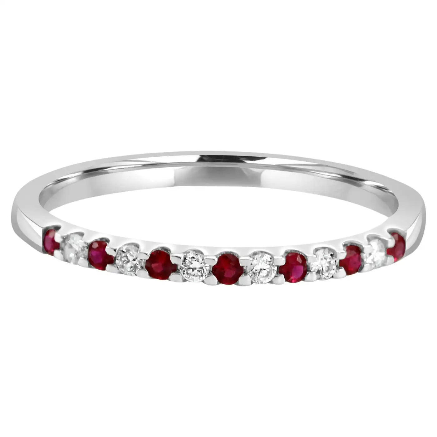 Ruby And White Diamond Round In 18K Gold, 13 Stone Engagement Band Ring