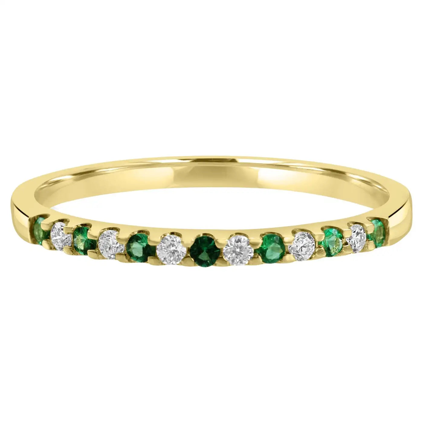 Emerald And White Diamond Round In 18K Yellow Gold 13 Stone Engagement Band Ring