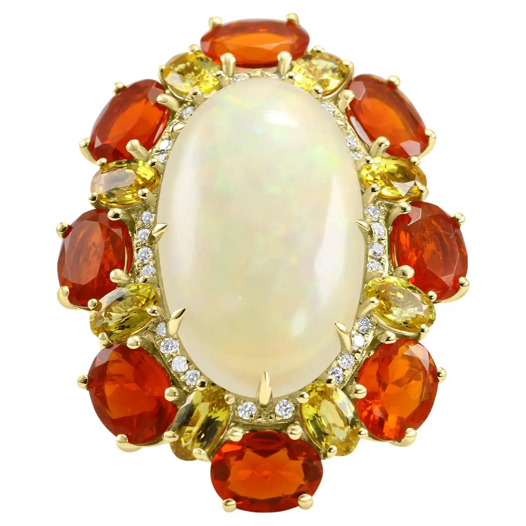Anillo de oro de 18 quilates con halo de diamantes, zafiro y ópalo de fuego mexicano ovalado