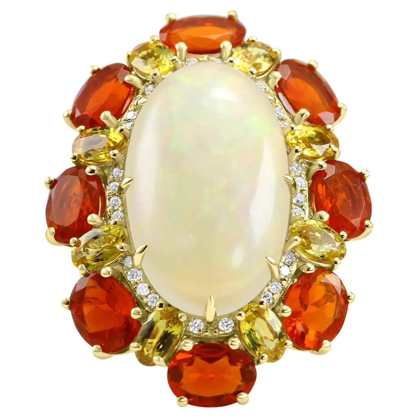 Anillo de oro de 18 quilates con halo de diamantes, zafiro y ópalo de fuego mexicano ovalado