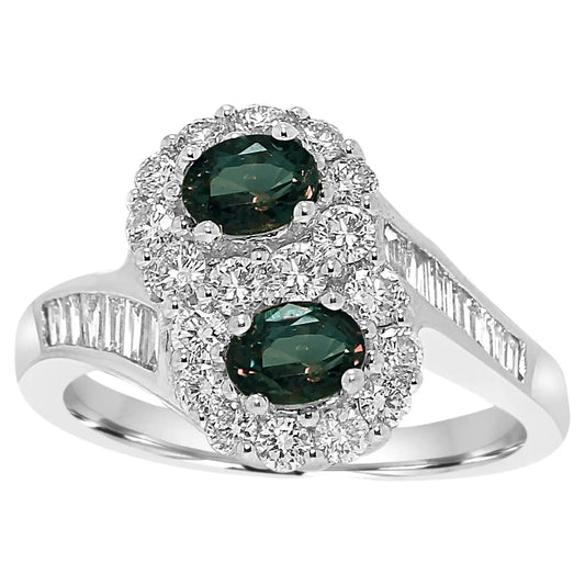 Alexandrite Diamond Halo Round Baguette 18K Gold Engagement Toi et Moi Ring