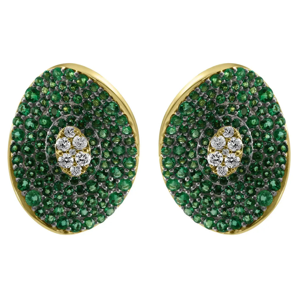 Emerald White Diamond Round 14K Gold Fancy Cocktail Stud Earring