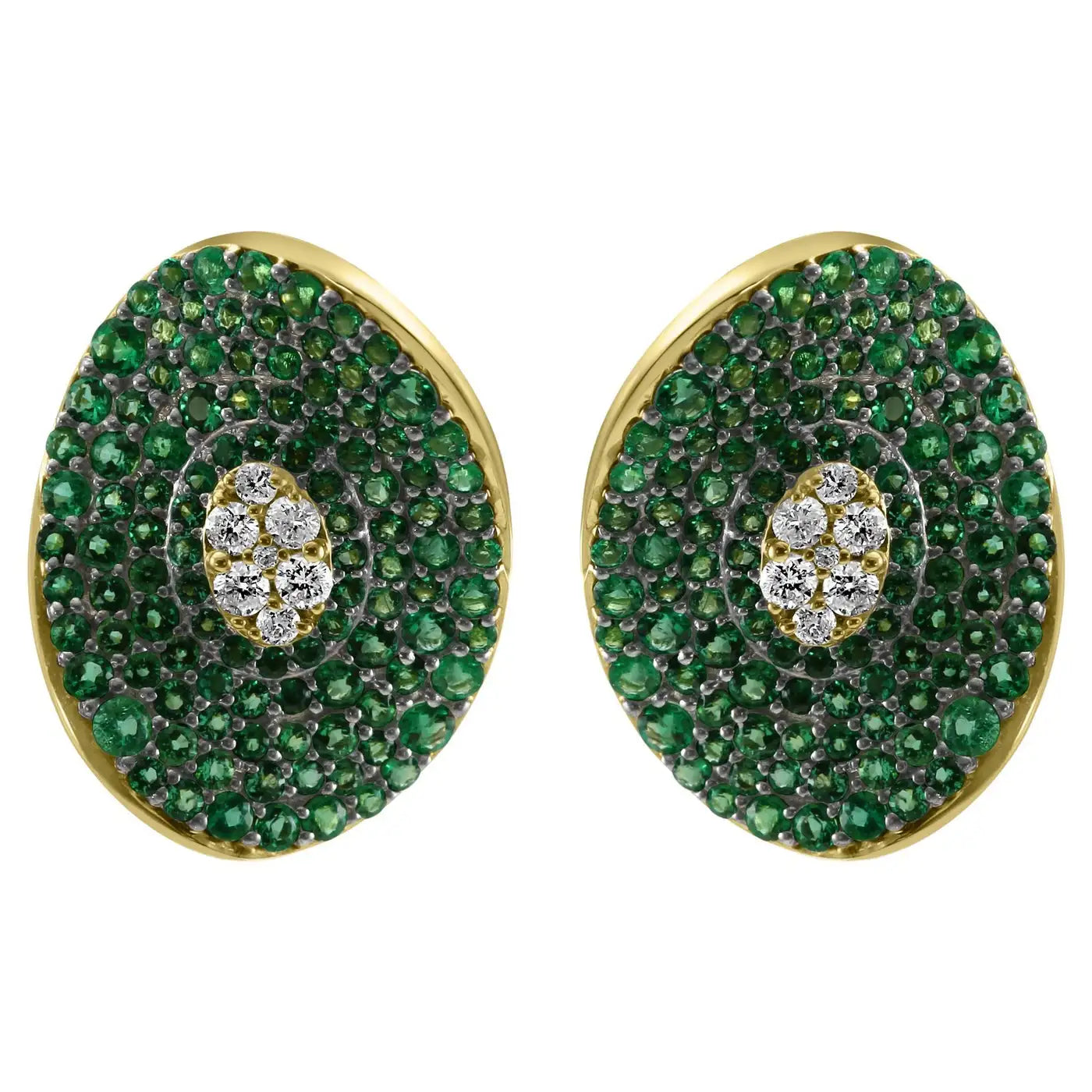 Emerald White Diamond Round 14K Gold Fancy Cocktail Stud Earring