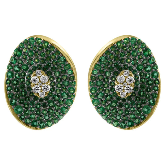 Emerald White Diamond Round 14K Gold Fancy Cocktail Stud Earring