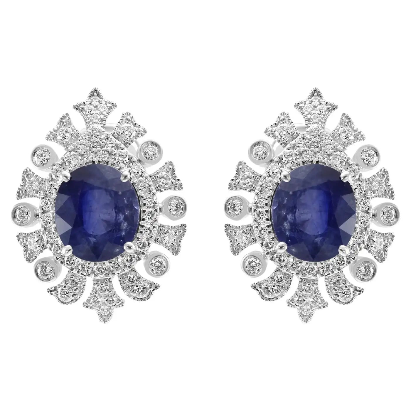 18K Gold Art Deco Halo Earring, Ceylon Sapphire 6.53 CT And White Round Diamonds