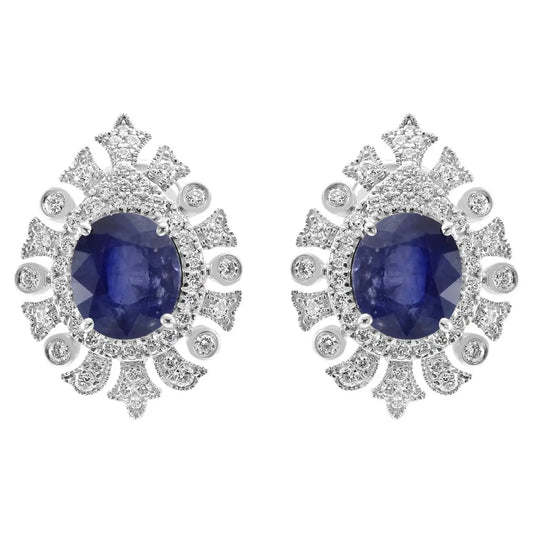 18K Gold Art Deco Halo Earring, Ceylon Sapphire 6.53 CT And White Round Diamonds