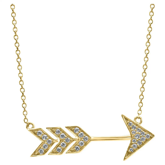 14K Gold Arrow Shaped Pendent Chain Necklace And White Round Diamonds