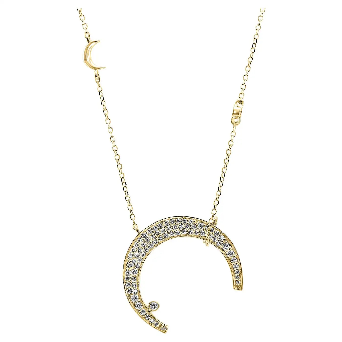 White Diamond Round 14K Gold Crescent Drop Pendent Chain Necklace