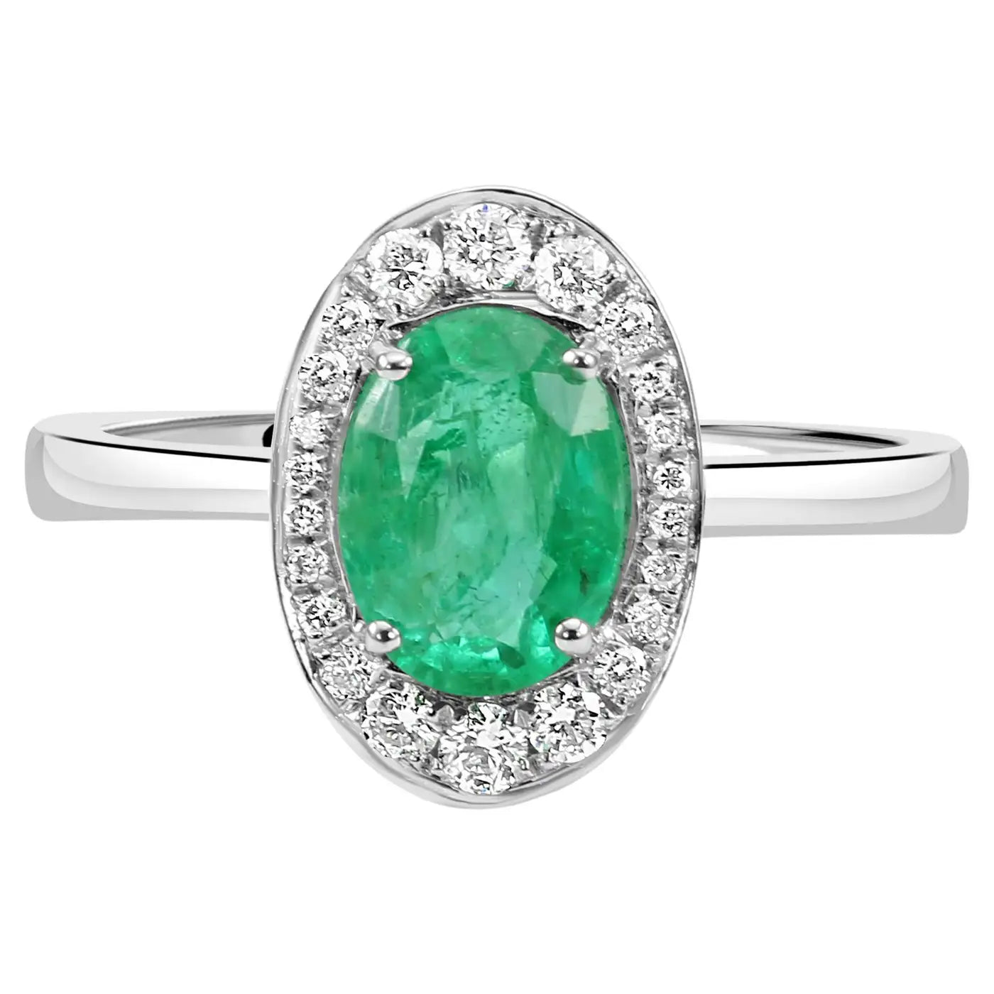 Emerald Oval White Diamond Round 18K Gold Engagement Classic Halo Ring