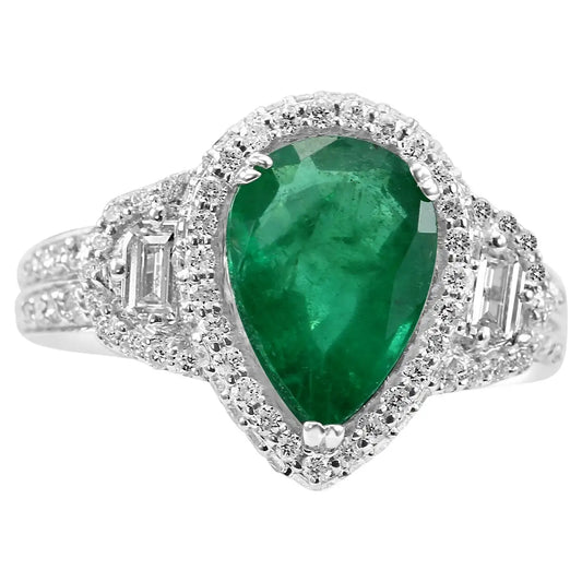 Emerald Pear White Diamond Round 18K Gold Bridal Three Stone Halo Ring