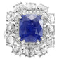 Anillo de compromiso nupcial con halo de oro de 18 quilates y diamantes y zafiro de Ceilán de estilo art déco 