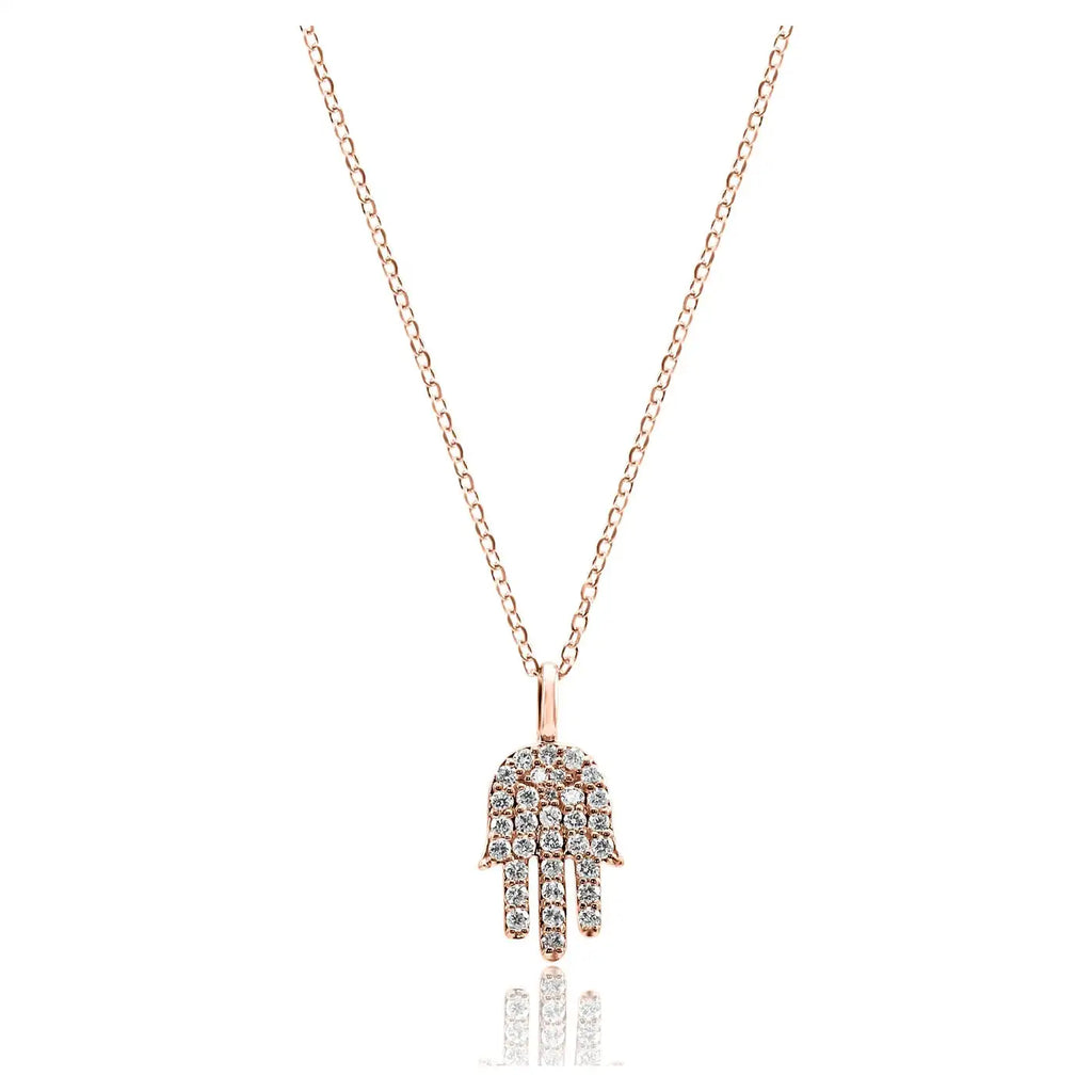 Collar con colgante de cadena con forma de hamsa en oro de 14 quilates y diamantes redondos blancos
