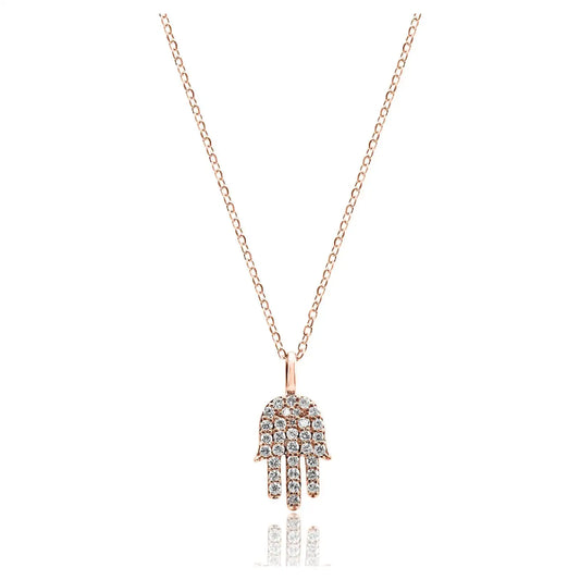 14K Gold "Hamsa" Drop Pendent Chain Necklace With White Round Diamonds