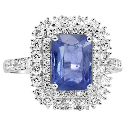 18K Bridal Engagement Ring Ceylon Sapphire Radiant Cut With White Rounds Diamond