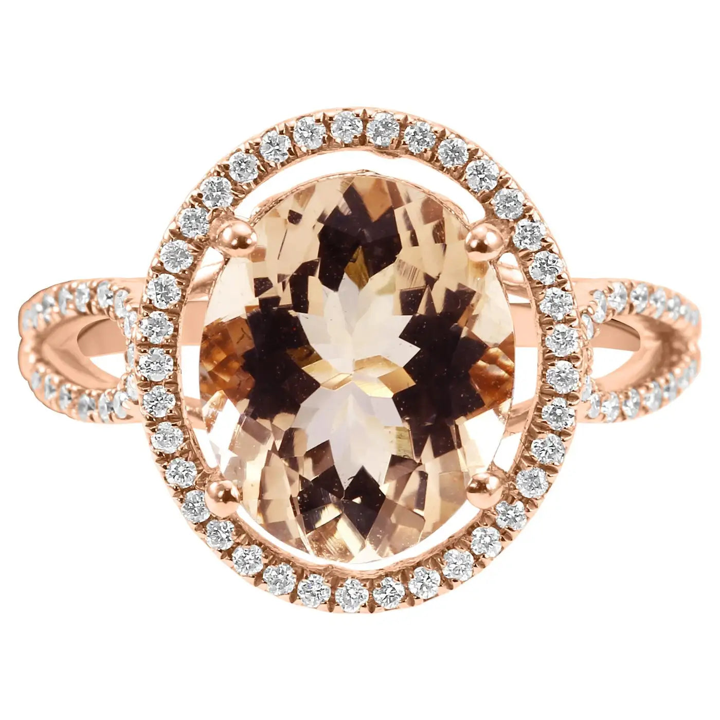 Anillo de compromiso de oro de 14 quilates con halo de morganita ovalada y diamantes redondos blancos