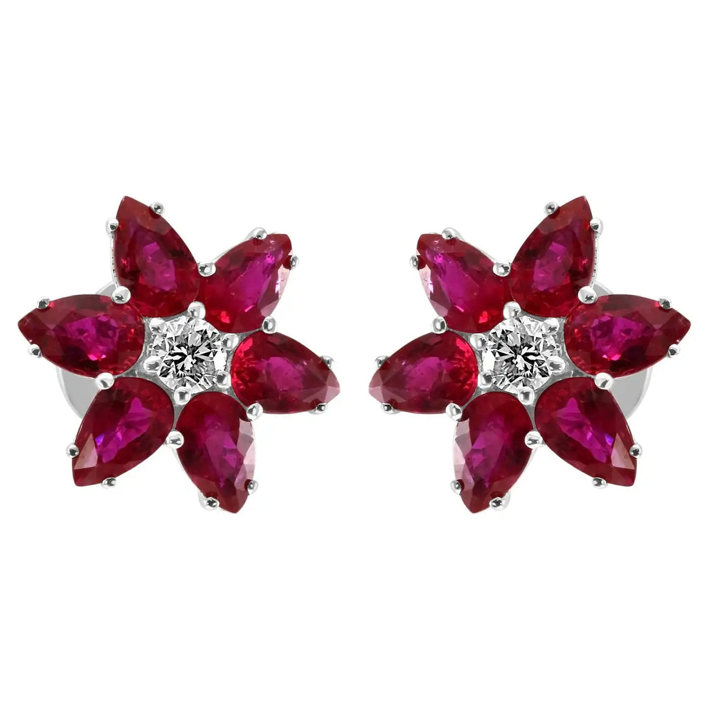 Pendientes de oro blanco de 18 quilates con forma de "flor" redonda con diamantes y rubíes