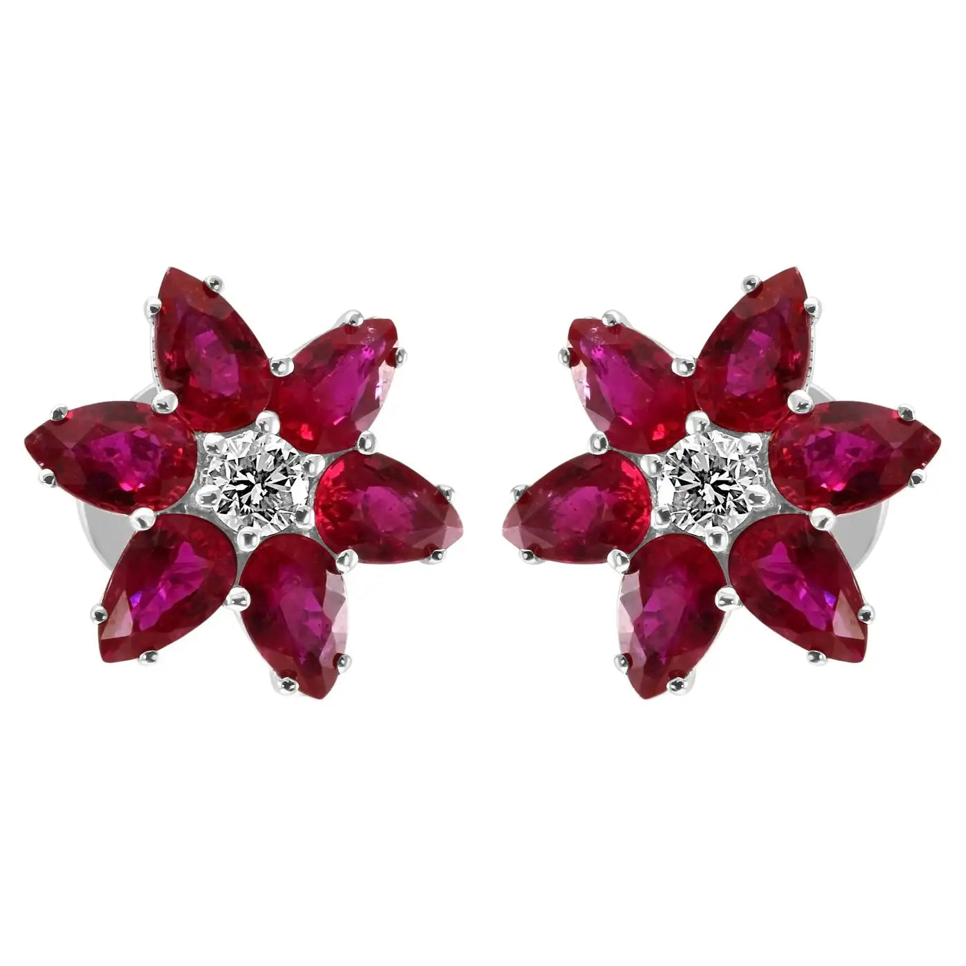 18K White Gold Stud Earrings Ruby Pear Diamond Round "Flower" Shape