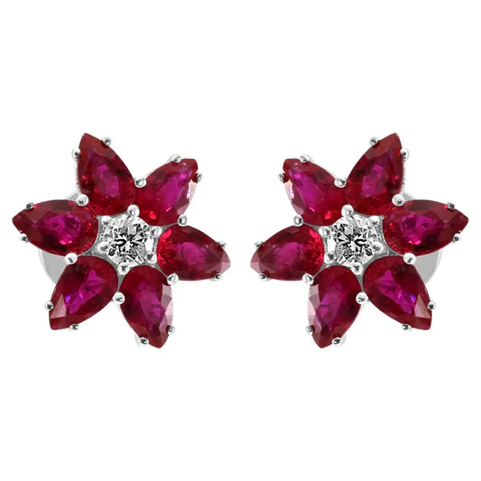 18K White Gold Stud Earrings Ruby Pear Diamond Round "Flower" Shape