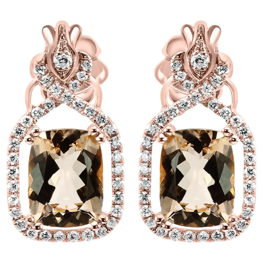 Morganite Cushion White Rounds Diamonds 18K Gold Fancy Drop Earring