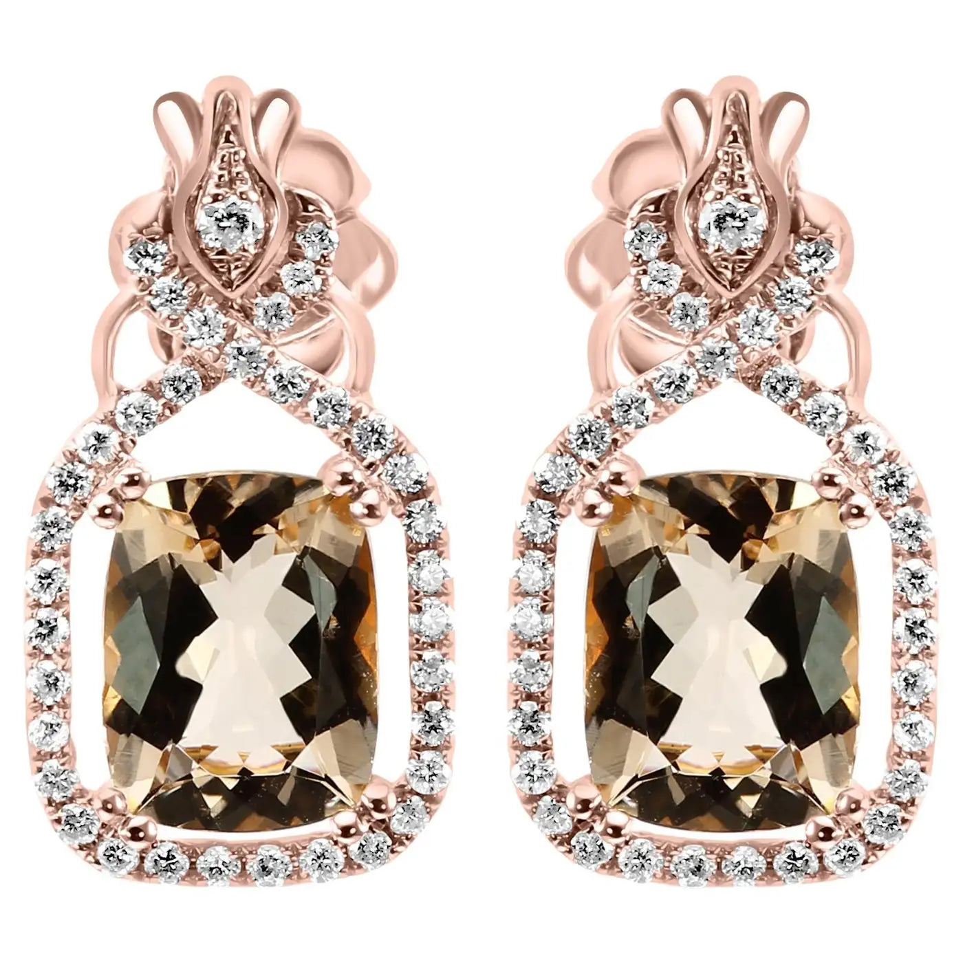 Morganite Cushion White Rounds Diamonds 18K Gold Fancy Drop Earring