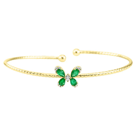 Emerald Pear & Marquise White Diamond Round 14K Gold Flexi Bangle