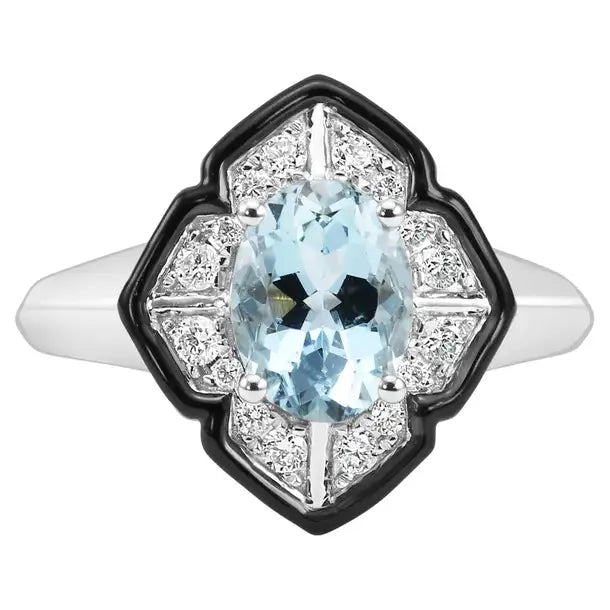 Aquamarine Oval Diamond Round 14K Gold Art Deco Enamel Engagement Ring