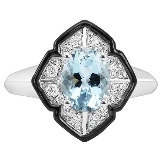 Aquamarine Oval Diamond Round 14K Gold Art Deco Enamel Engagement Ring