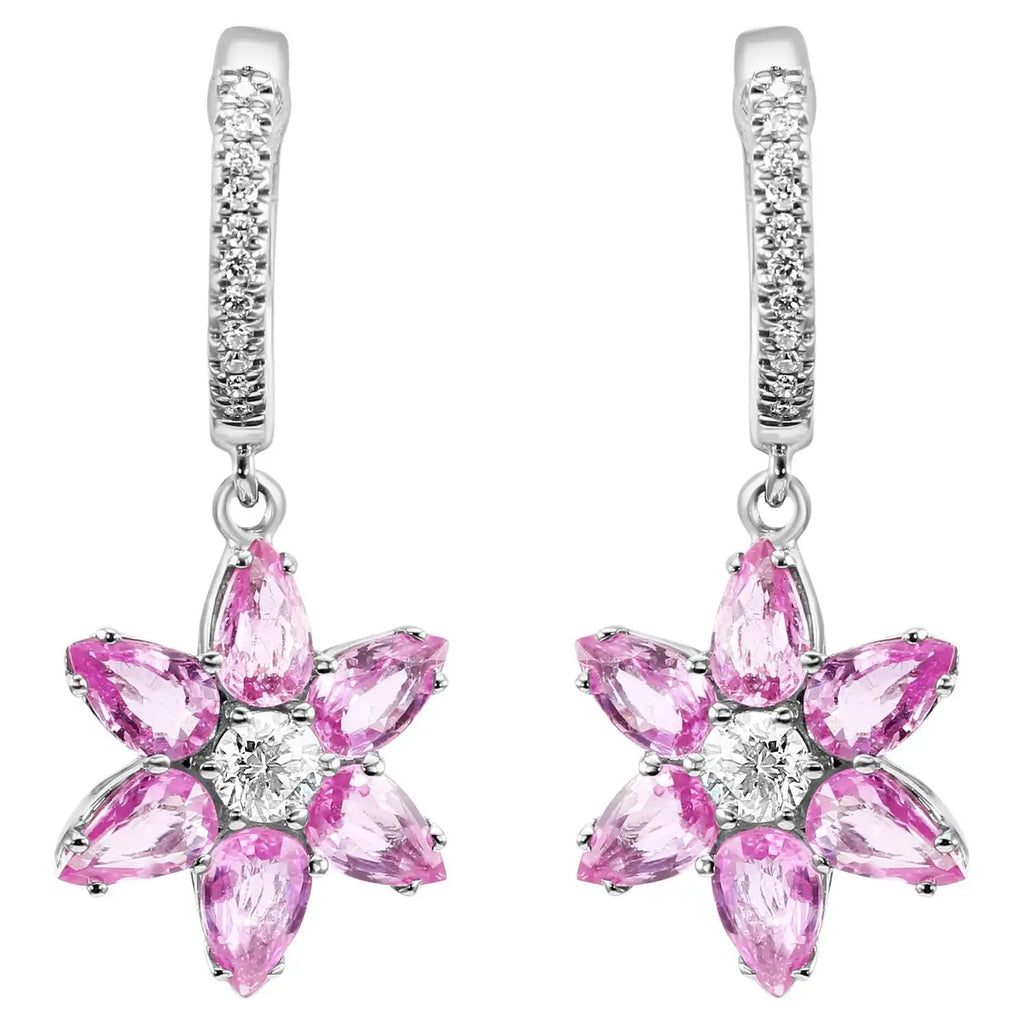 Pink Sapphire Diamond Round 18K Gold Flower Shape Dangle Earrings