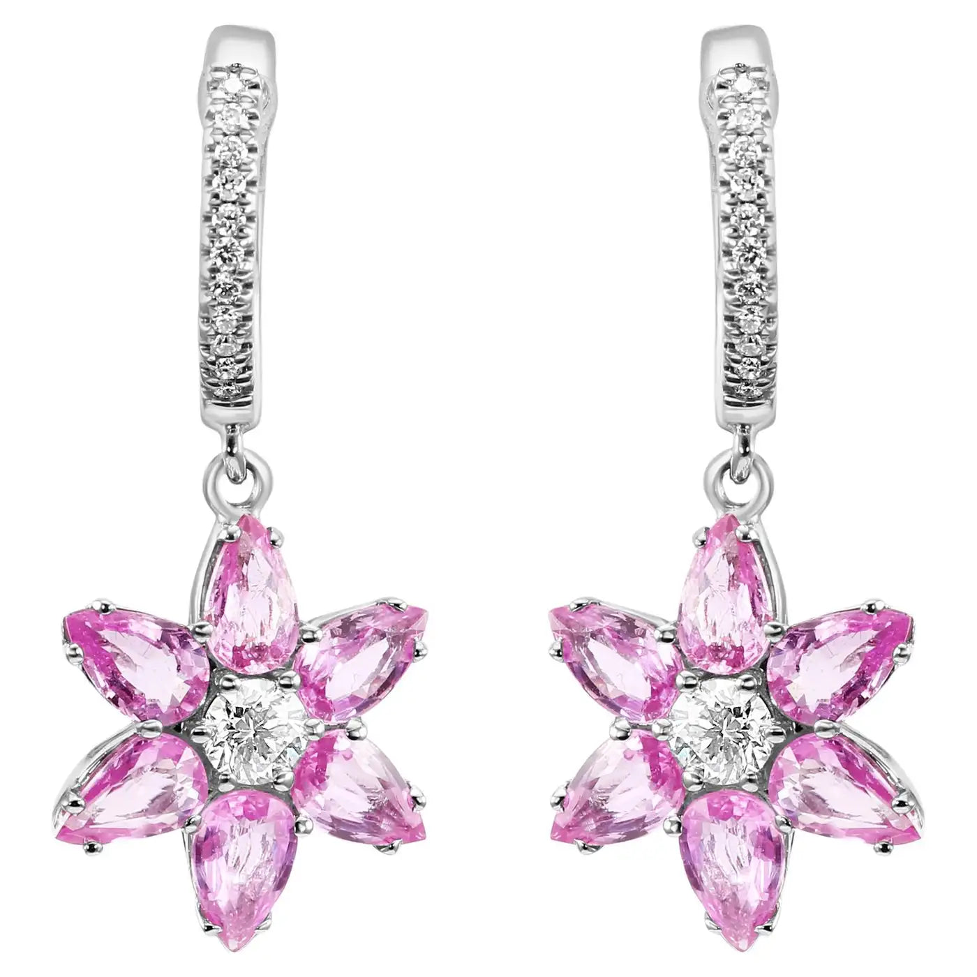 Pink Sapphire Diamond Round 18K Gold Flower Shape Dangle Earrings