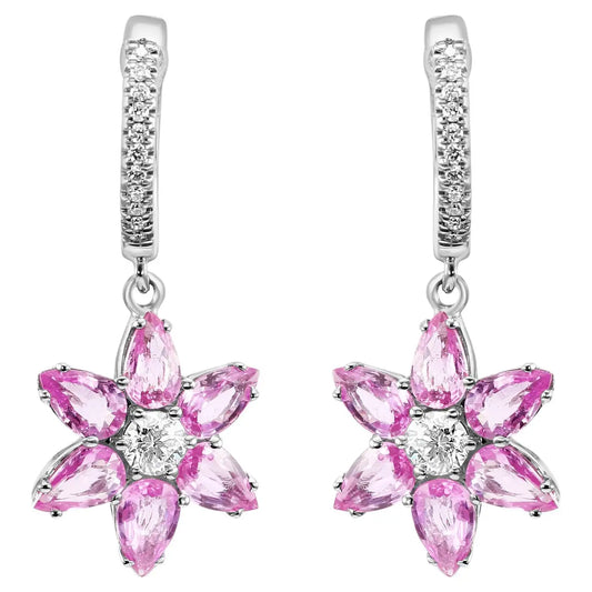 Pink Sapphire Diamond Round 18K Gold Flower Shape Dangle Earrings