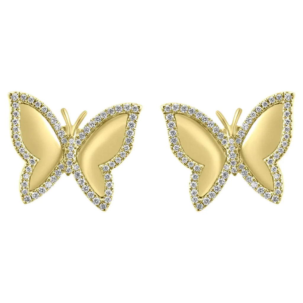 White Diamond Round Butterfly Shape 14K Yellow Gold Stud Earrings
