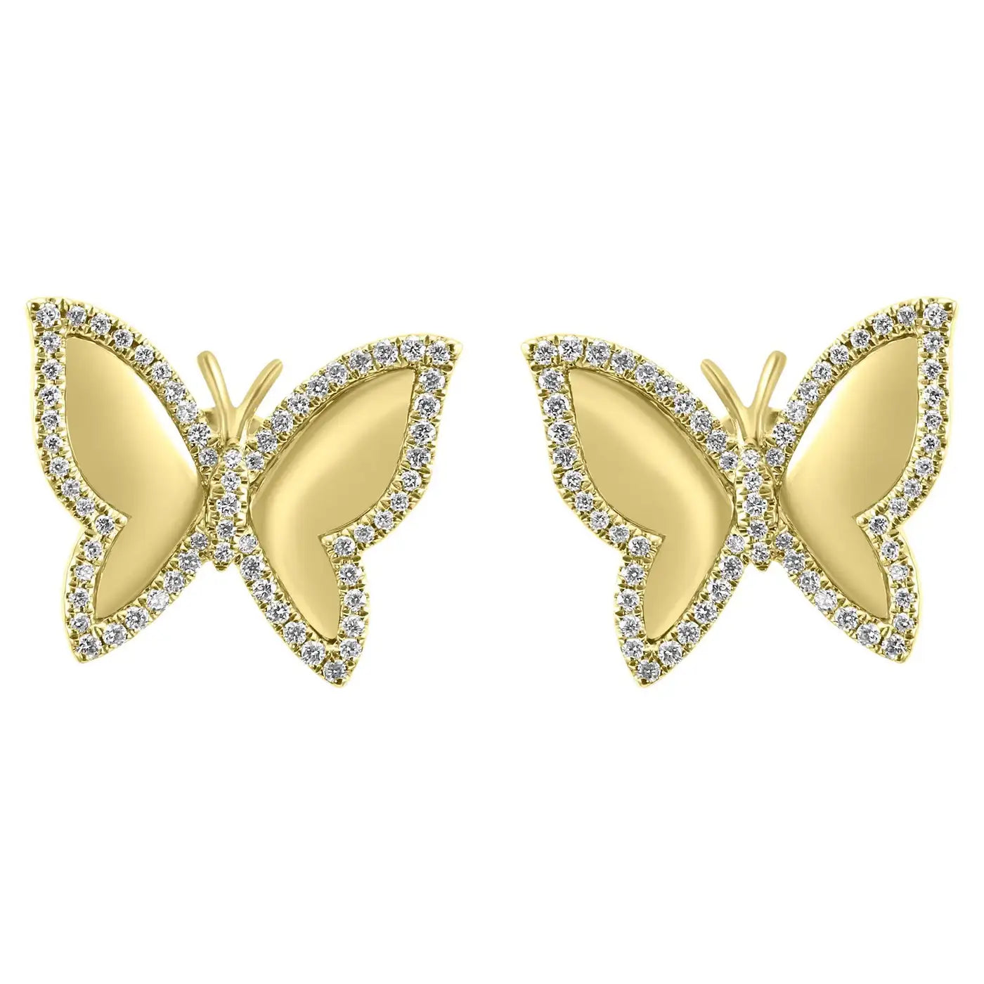 White Diamond Round Butterfly Shape 14K Yellow Gold Stud Earrings