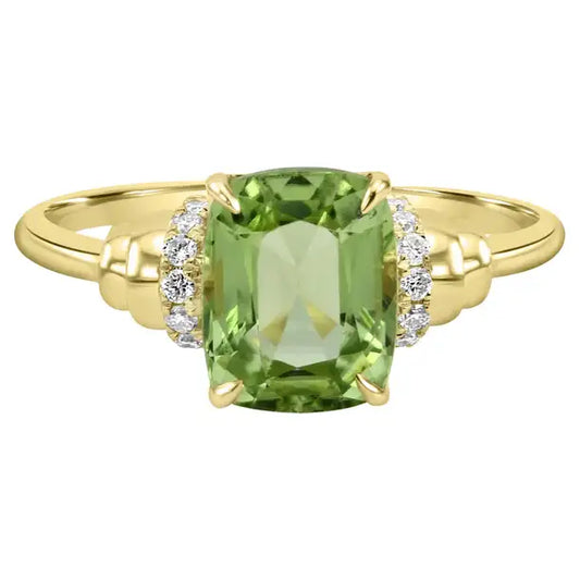 Peridot White Diamond Round 14K Gold Engagement Cocktail Ring