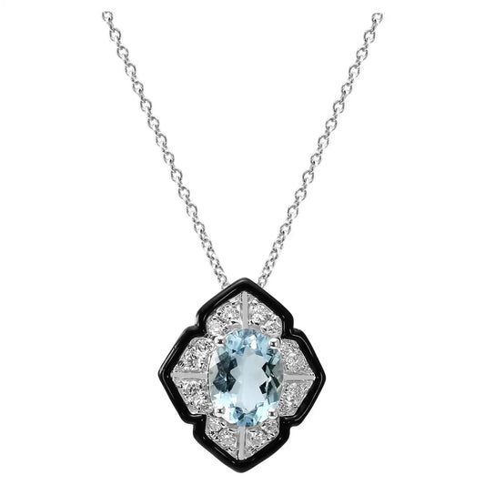 Aquamarine Oval Diamond Round 14K Gold Deco Look Enamel Necklace