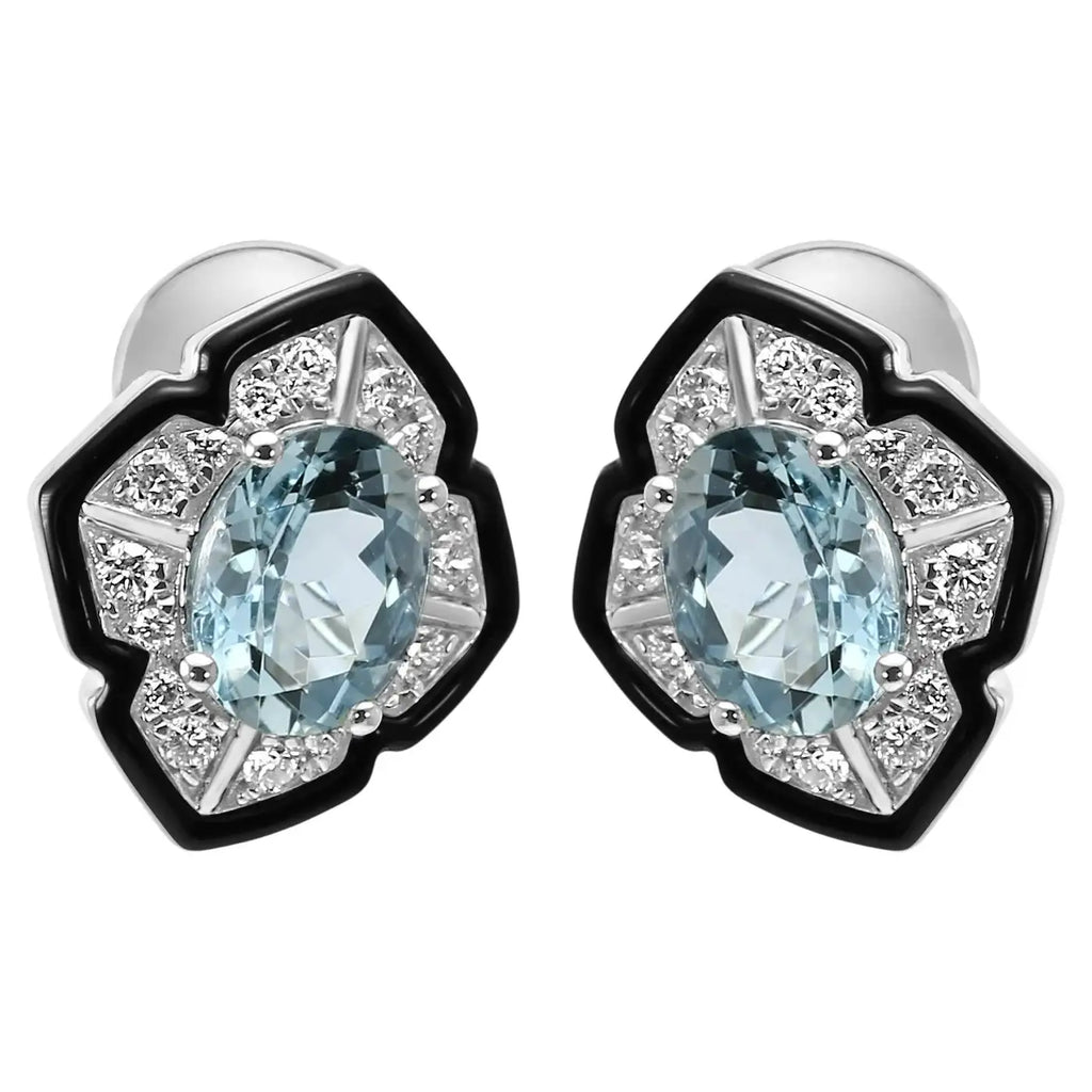 Pendientes elegantes de estilo art déco con esmalte en oro de 14 quilates y diamantes ovalados y aguamarina 