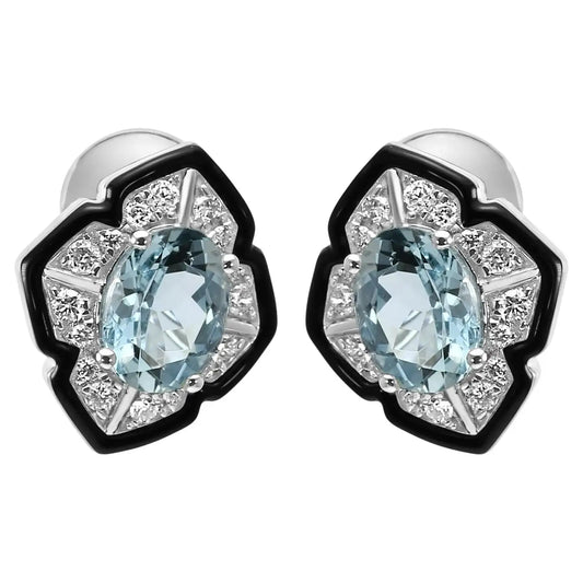 Aquamarine Oval Diamond Round 14K Gold Enamel Art Deco Look Fancy Earrings