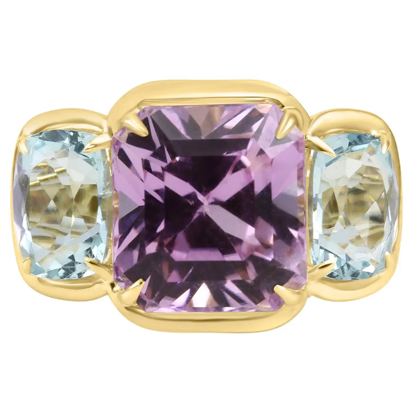 Anillo de oro de 14 quilates con bisel de tres piedras y aguamarina de talla esmeralda Kunzita