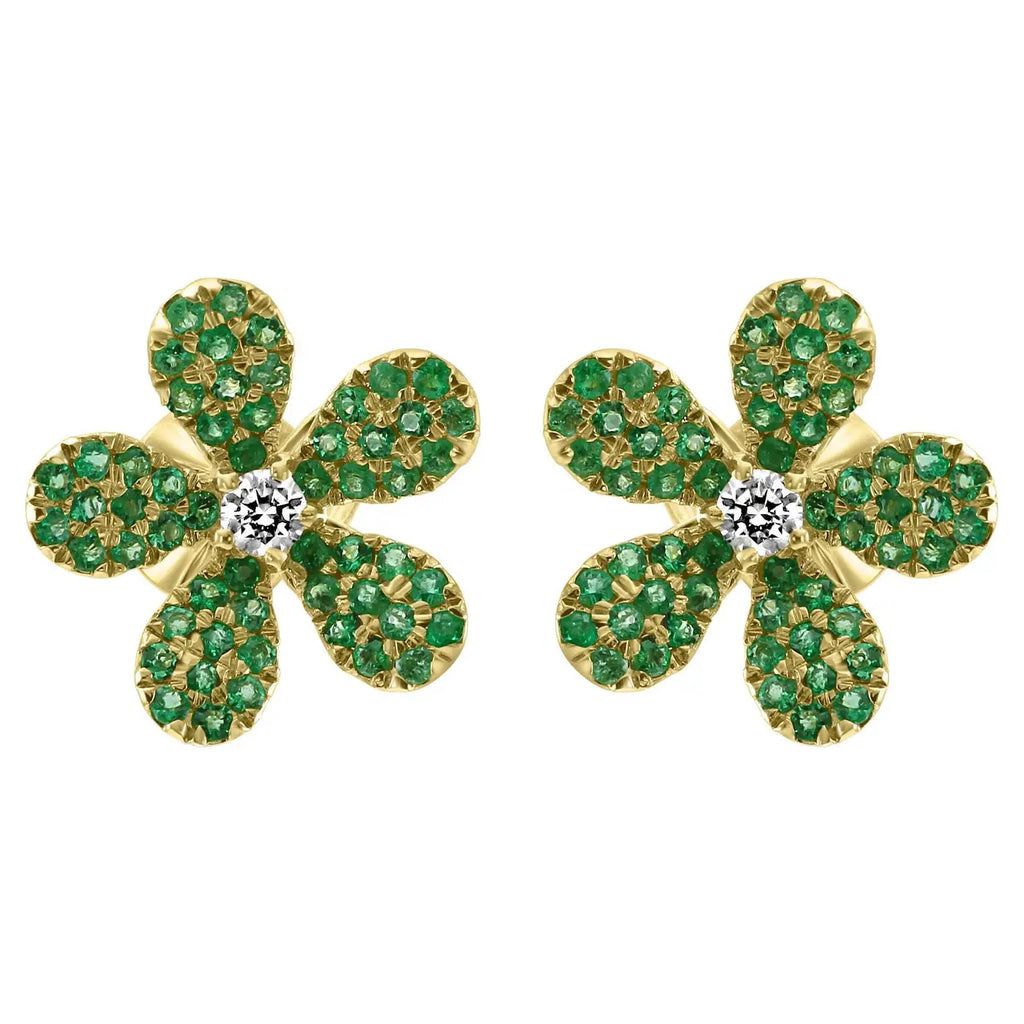 Emerald Round White Diamond 14K Gold Flower Shape Cocktail Earring