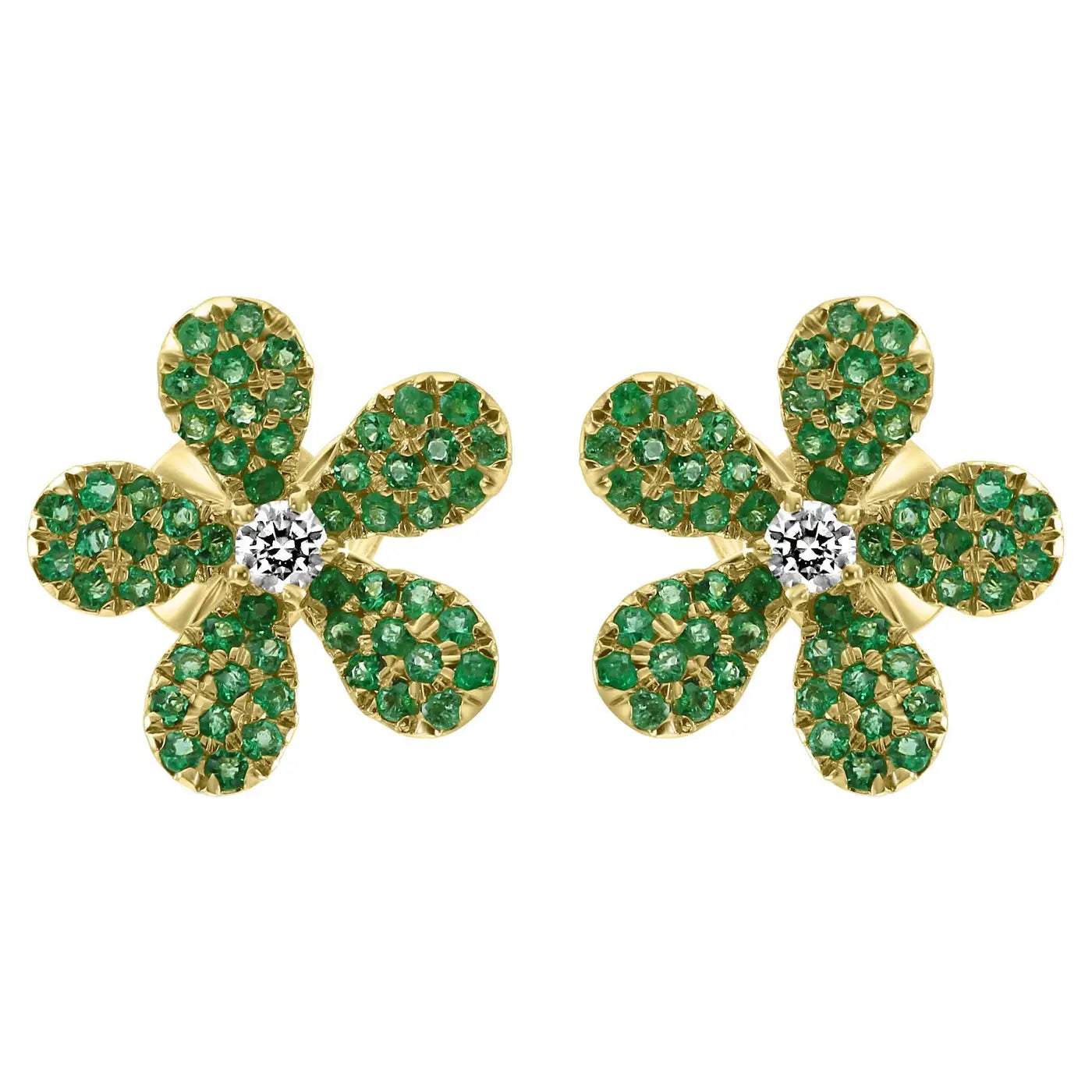 Emerald Round White Diamond 14K Gold Flower Shape Cocktail Earring