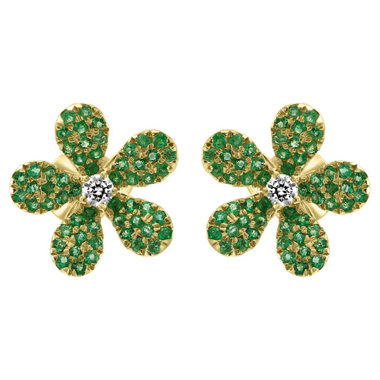 Emerald Round White Diamond 14K Gold Flower Shape Cocktail Earring