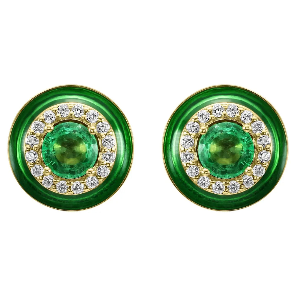 Emerald Round White Diamond Green Enamel Halo 18K Gold Earring