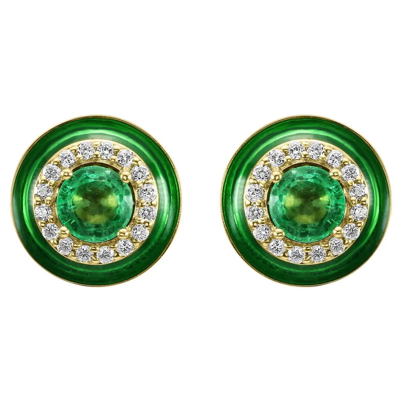 Emerald Round White Diamond Green Enamel Halo 18K Gold Earring