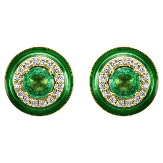 Emerald Round White Diamond Green Enamel Halo 18K Gold Earring