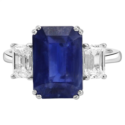 Ceylon Sapphire White Diamond Emerald Cut 18K Gold Three-Stone Bridal Ring